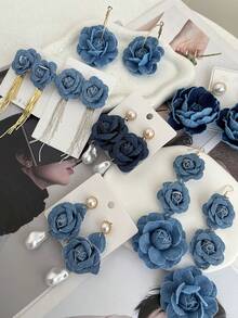 1件优雅复古奢华蓝色布艺花朵耳环,时尚珠宝,女士礼物,适合情人节、约会、宴会、通勤、派对、生日、节日等场合(由于拍摄时的光线和角度,实际产品颜色可能与图片略有不同) - 耳環 - 查看 4