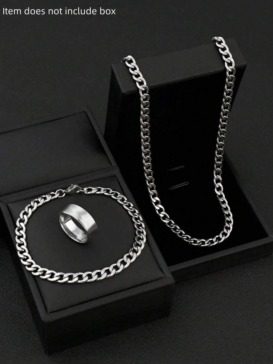 3 件套银色链手链、项链和戒指套装，适合日常佩戴和度假，是送给他的最佳生日礼物 - 銀色 - 查看 1
