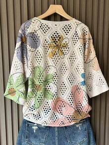 花卉印花V领时尚落肩镂空针织毛衣 - 杏色 - 查看 4