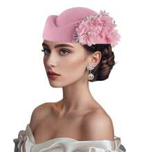 Women Pillbox Hat With Flowers Vintage British Style Derby Hats Felt Berets Fascinators Caps For Church Tea Party - 粉色 - 查看 6
