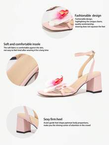 女士优雅高跟凉鞋，花朵装饰，露趾，闪亮，适合派对、户外活动、时尚场合，粗跟，粉色，春夏装扮 - 淺粉色 - 查看 5