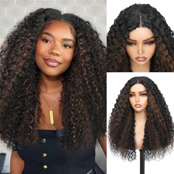 Highlight Curly Glueless Lace Wig 4x1 Pre-Cut Middle Parted Closure Wig Black Mix Brown Highlight Synthetic Wig 20 Inch Deep Curly Wigs For Women