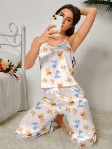 2 Pieces Disney Winnie The Pooh Cartoon Cute Casual Camisole & Pants Pajama Set - White - View 1