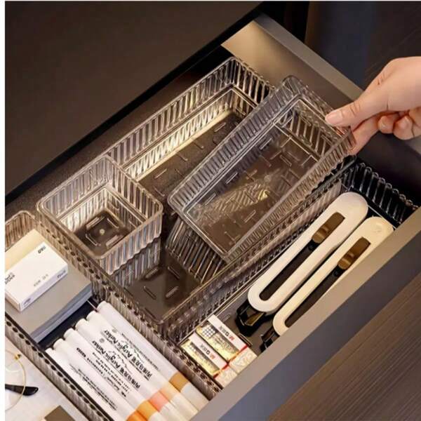 1pc Acrylic Drawer With Built-In Stationery, Makeup Box Storage Box, Compartmentalized Desk Organizer Box, Available In Multiple Size Combinations, For Home & Office Storage & Organization, School Supplies,Back To School