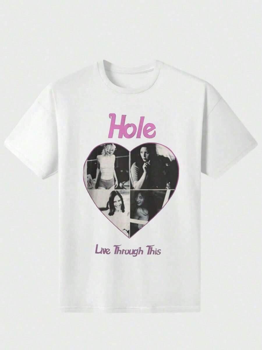 Hole Band T-Shirt, Unisex Cotton Shirts, Hole Love Through This Shirt, Band Graphic Tees, Cute Shirts, Shirts, Goth Shirts, Retro Casual Digital Print 220g Pure Heavy 100% Cotton T ShirtKorean Loose  T-Shirt Summer Everyday Printed T-Shirt - White - View 1