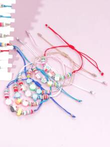 12pcs Assorted Girls Colorful Soft Clay Cartoon Braided Bracelets, Random Color & Style Mix Set