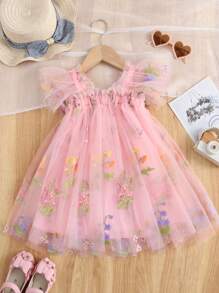 1 pieza Vestido elegante de princesa lindo para niña con adorno de mariposa 3D, manga corta, bordado floral de tul, tutú para fiesta, cumpleaños, vacaciones en la playa, primavera/verano/otoño