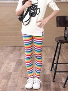 Set de 3 leggins elásticos con rayas arcoíris para niñas, pantalones impresos de seda de leche para niños, para primavera/otoño, estilo coreano, de bebé a niño grande