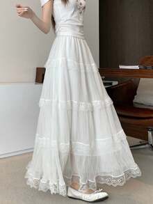 高腰蕾丝边网纱喇叭裙，休闲百褶裙，百搭显瘦，2026春夏款 - 白色 - 查看 3
