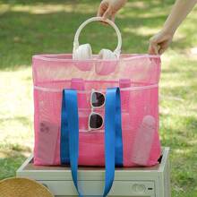 Breathable Mesh + Foldable Contrast Color Tote Bag, Outdoor Beach/Pool/Shopping/Gym Multifunctional Storage Bag (Reinforced Handle + Inner Pockets), Waterproof Portable Folding Bag For Clothes & Accessories