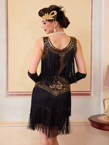 1920 年代无袖轻佻连衣裙 圆领“了不起的盖茨比”连衣裙 流苏亮片“咆哮的 20 年代”连衣裙 鸡尾酒会礼服 - 金色 - 查看 8
