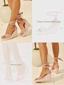 女式厚底波西米亚踝带坡跟凉鞋，露趾帆布鞋防水高跟罗马鞋 - 藕粉色 - 查看 10