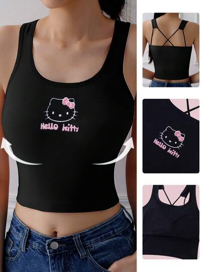 （三丽鸥授权）1 件多用途 Hello Kitty 印花吊带背心，带可拆卸软杯，舒适修身，适合所有季节，健身