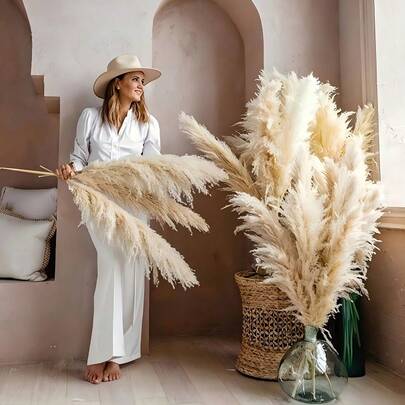 60cm/100cm Decoración de Pasto Pampa Marfil, Decoración Floral de Paja de Trigo Estilo Bohemio, Pasto Pampa Esponjoso para Decoración del Hogar, Adecuado para Navidad, Halloween, Pascua, Acción de Gracias, Graduación - Decoraciones Navideñas a Granel, Regalos Navideños, Decoración Navideña
