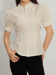 Amyenjoylife Women's Solid Color Elegant Puff Sleeve Short Sleeve Stand Collar Blouse - Apricot - View 1