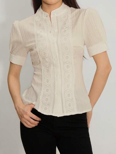 Amyenjoylife 女士纯色优雅泡泡袖短袖立领衬衫