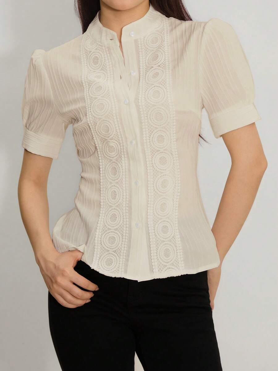 Amyenjoylife Women's Solid Color Elegant Puff Sleeve Short Sleeve Stand Collar Blouse - Apricot - View 1