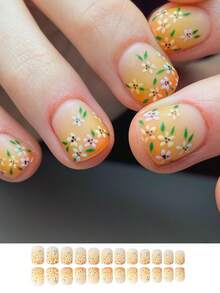 24 Pieces Of Square Nails, Orange, White, Small Flower And Green Leaf False Nails, Fresh Summer Nails, Daily Matching Nail Charms Press On Nails - Multicolor - View 2