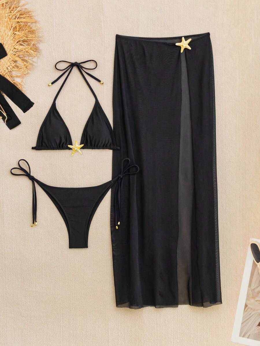 3 件套黑色吊带比基尼套装，带海星装饰，镂空高开叉网眼裙，适合海滩、拍照、度假、日光浴、泳池派对，性感 - 黑色 - 查看 1