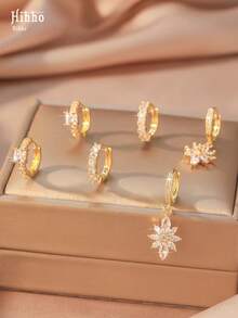 Hihho 6 chiếc hoa tai đính đá Cubic Zirconia lấp lánh thiết kế hoa, phụ kiện thời trang cá nhân hóa thích hợp để đeo hàng ngày, lễ hội, hẹn hò, làm quà tặng - Vàng - Xem 2