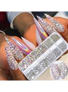3D Flat Bottom Nail Rhinestones, Glass AB & Clear Crystal Nail Gems Set, DIY Nail Art Decorations