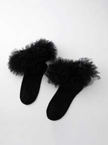 1 Pair Kawaii Women Mesh Patchwork Ruffle Hem Knee High Socks - Multicolor - View 3