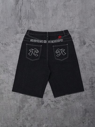 五角星刺绣百慕大牛仔短裤，宽松牛仔短裤，街头时尚休闲膝长裤