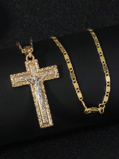 1pc Of Retro Metal Style Two-Color Jesus Passion Cross Element Pendant Necklace, Religious Element Type Unisex Talisman Pendant Men's Multicolored Religious Element Necklace