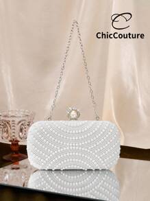 Geantă de seară elegantă, versatilă, cu perle artificiale, model picătură de apă, tip mini-clutch pentru femei, geantă de seară rafinată, geantă de petrecere retro de lux cu cristale, potrivită pentru nunți romantice, gale, baluri, petreceri formale de Crăciun, vine cu lanț