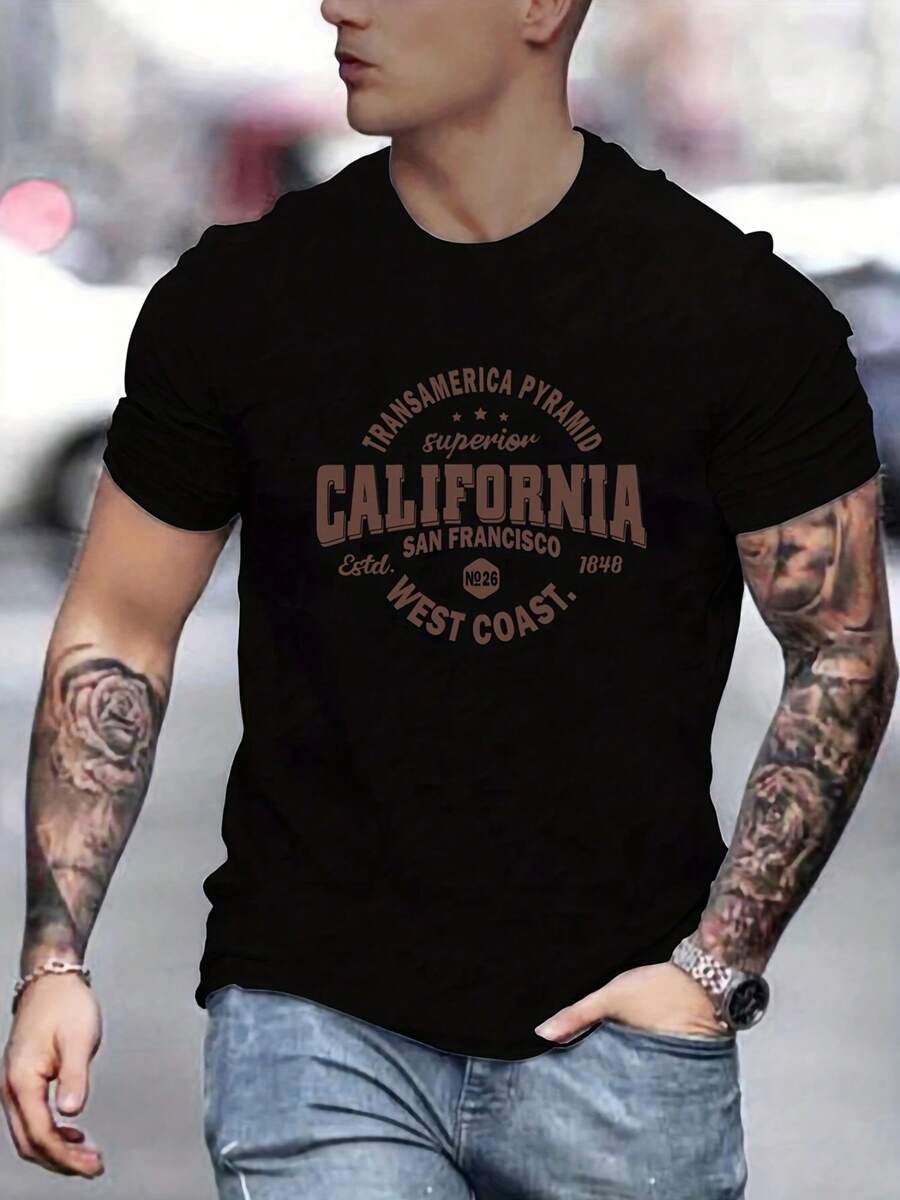 Men Calinia West Coast Stretch Crew Neck T-Shirt Black Cotton PIER San Francisco Graphic Casual Summer Wear Allseason Tshirt San Francisco Apparel Cotton Tshirt - Black - View 1