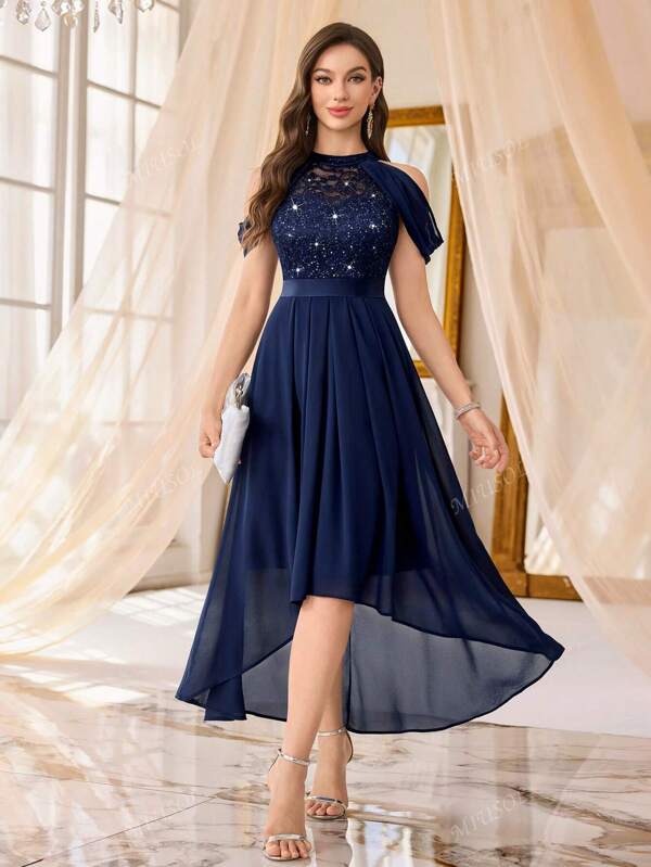 MIUSOL Sequin Floral Lace Halter Neck Chiffon Ruched High-Low Hem Evening Party Long Dress, Formal, Gown, For Wedding Guest