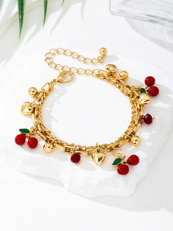 1 pieza Brazalete de mujer con decoración asimétrica de concha, de color rojo vibrante con forma de cereza y manzana, brazalete y tobillera de uso diario popular con mariposa de varios estilos