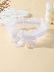 1pc Fashion White Lace Elastic Leg Garter With Faux Pearl Teardrop Butterfly Pendant, Sexy Thigh Chain, Suitable For Weddings, Bridesmaids