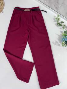 Women's Set: Summer Sleeveless Solid Color Round Neck Top And Wide Leg Pants With Belt And Bag - Redwood - View 4
