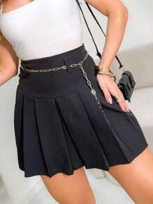 Shot SKIRT Solid Pleated Hem Women's Skirt With Button Lining Tailored Fabric - 黑色 - 查看 1