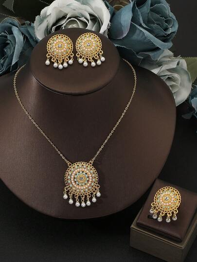 4 件套波西米亚风格金色镂空几何方形流苏吊坠项链、耳环、戒指首饰套装女士电镀节日礼物日常搭配