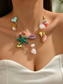 1 pezzo Collana da donna in stile spiaggia vacanze, con pendente multistrato in resina a forma di conchiglia, tartaruga marina e stella (colore accessori a caso) - Multicolore - Visualizzare 2