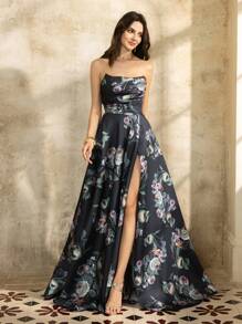 Faeriesty فستان سهرة رسمي مطبوع بالأزهار مع تجعيد أمامي وتعقيد خلفي وبدون أكتاف من طراز Faeriesty