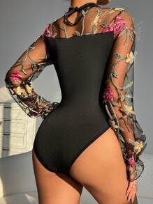 1pc Elegant Vintage Floral Embroidery Mesh Puff Sleeve Bodysuit For Women