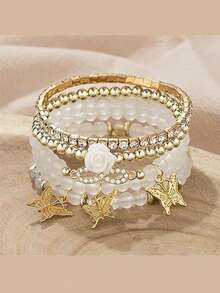 Bộ 4 vòng tay co giãn mặt dây chuyền hình bướm đính đá pha lê phong cách Bohemian, vòng tay đính hạt vàng có thể xếp chồng lên nhau dành cho nữ/bé gái, trang sức quyến rũ nhiều màu sắc, phong cách Boho mùa hè bãi biển. - Nhiều màu - Xem 19