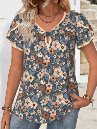 Women's Casual Retro Floral Pattern Round Neck Shirt, Suitable For Summer