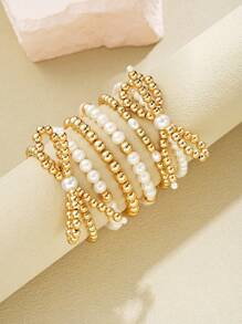 Conjunto de 3 pulseiras elásticas elegantes com pérolas românticas francesas e laços, pulseiras vintage multicamadas versáteis para mulheres, ideais para o verão, festas, encontros, feriados, combinação diária, presente