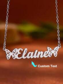 Customized Double Butterfly Name Necklace, Stainless Steel Personalized Name Pendant Necklace Accessory, Birthday Gift For Her