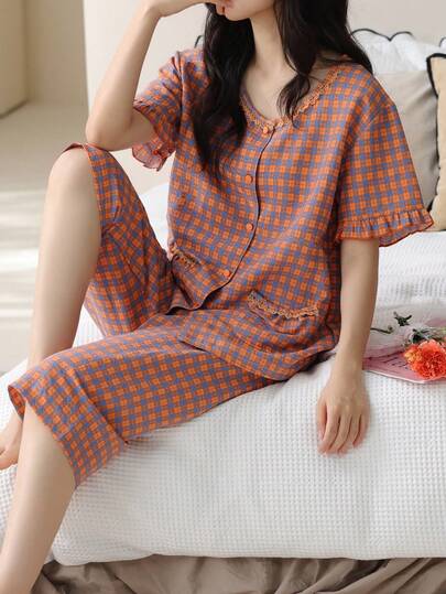 2pcs Women Pajama Set, Short Sleeve V-Neck Cardigan Sleepwear Set With Plaid/Checkered Print, Polyester & Spandex Knit Fabric, Short Sleeve Top With Lace Trim, 7/8 Length Pants, Casual & Comfortable For Spring, Summer, Autumn