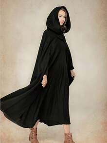 Women Long Hooded Woolen Cloak, Solid Color Vintage Poncho, Black/ Grey/ Blue/ Dark Green - Black - View 1