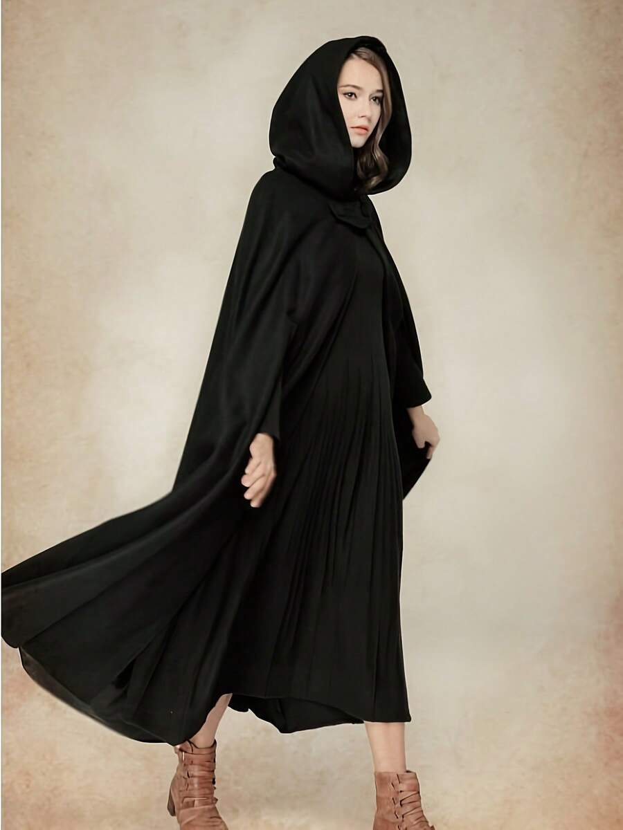 Women Long Hooded Woolen Cloak, Solid Color Vintage Poncho, Black/ Grey/ Blue/ Dark Green - Black - View 1