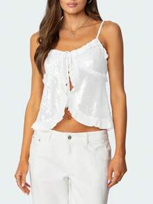 Women Y2k Sequin Cami Top Sparkly Sleeveless Backless Halter Top Summer Going Out Top Glitter Camisole Clubwear - 白色 - 查看 1