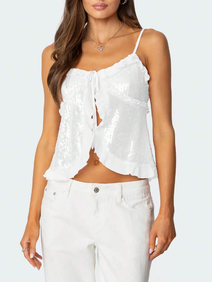 Women Y2k Sequin Cami Top Sparkly Sleeveless Backless Halter Top Summer Going Out Top Glitter Camisole Clubwear - 白色 - 查看 1