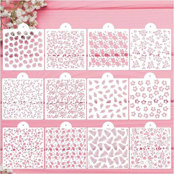 12 piezas Plantillas para galletas para hornear - Plantillas para decoración de pasteles con glaseado real que incluyen hojas, flores, hibiscos, vides y rosas