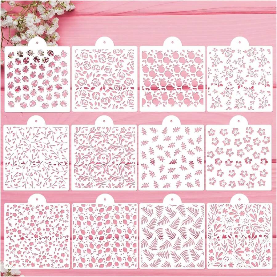 12pcs Cookie Stencils For Baking Royal Icing Leaf Stencil Airbrush Flower Hibiscus Vine Rose Stencil Templates For Cake Stencils Decorating Buttercream - White - View 1